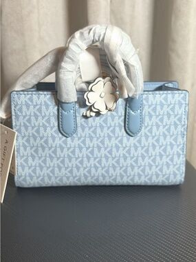 Michael Kors Light Blue Signature Mini Tote with Floral Charm